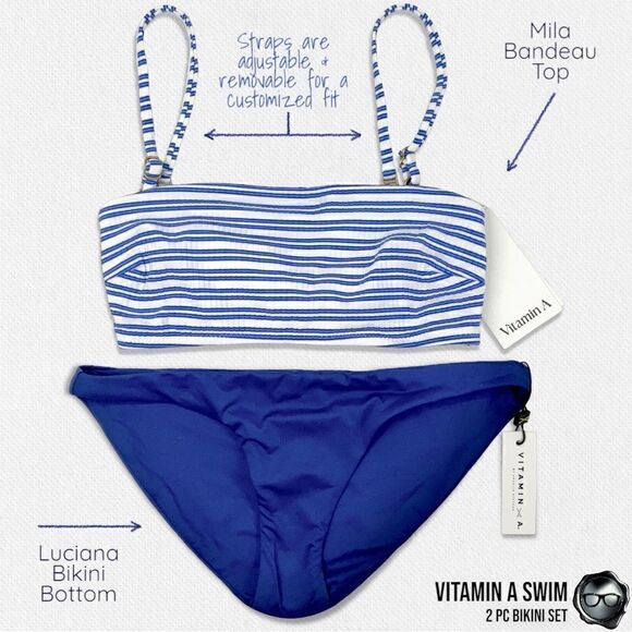 VITAMIN A BIKINI SET: SARDINIA STRIPE MILA BANDEAU TOP + SAPPHIRE LUCIANA BOTTOM - Picture 1 of 16